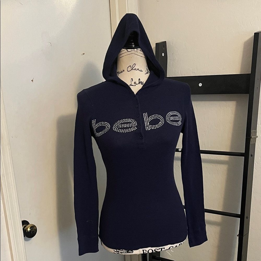 Vintage Y2K Bebe Blue Hooded Embellished Bling Front Button Waffle Knit Top